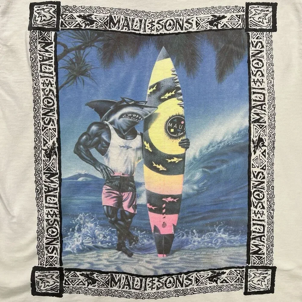 Vintage 90s Maui and Sons Shark‎ Surf T-Shirt USA Made Big Graphic T-Shirt Sz L